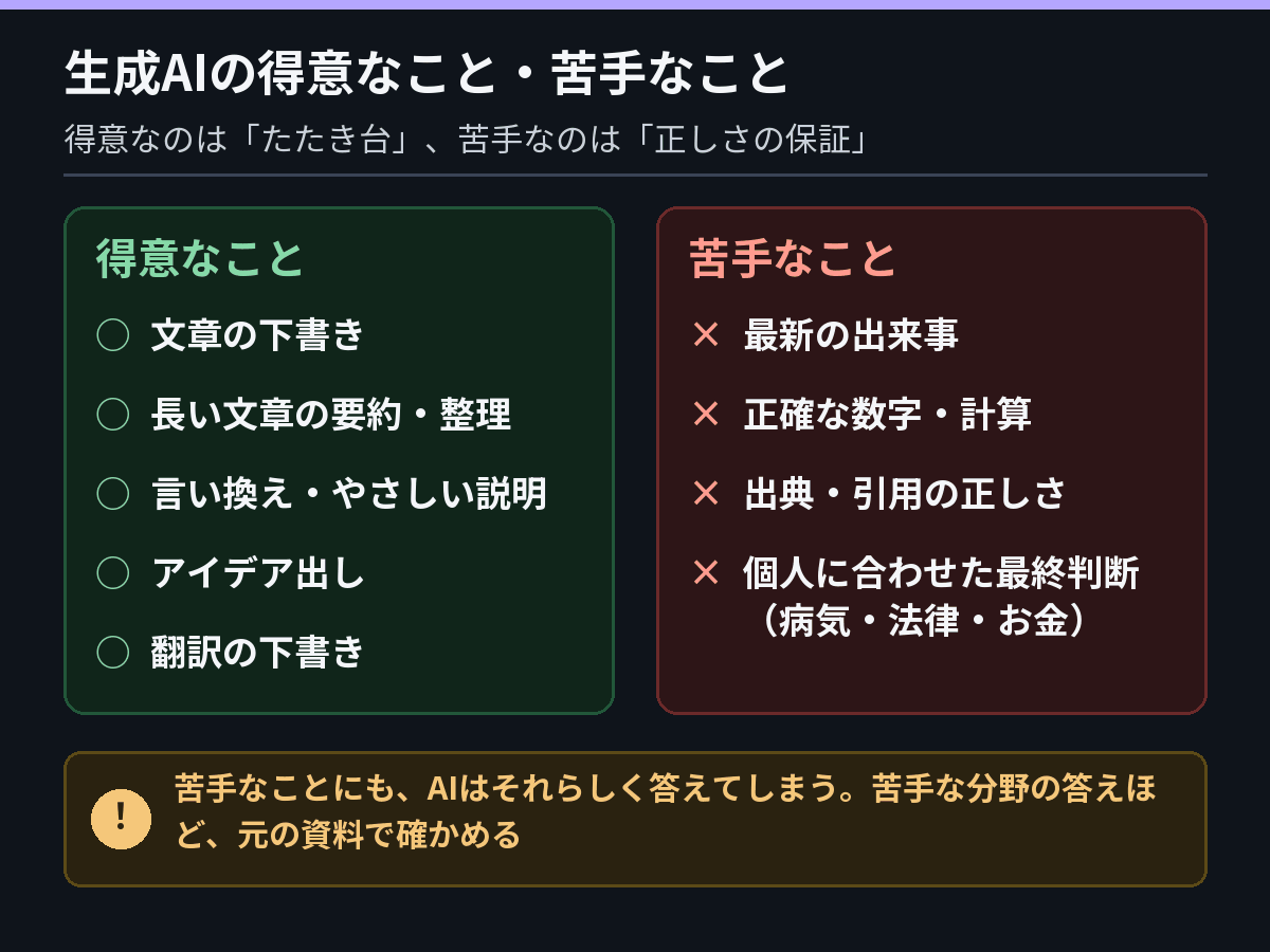 生成AIが得意なこと（下書き・要約・言い換え・アイデア出し・翻訳の下書き・説明）と、苦手なこと（最新の出来事・正確な数字や計算・出典の正しさ・個人の事情に合わせた最終判断）を左右に並べた比較図